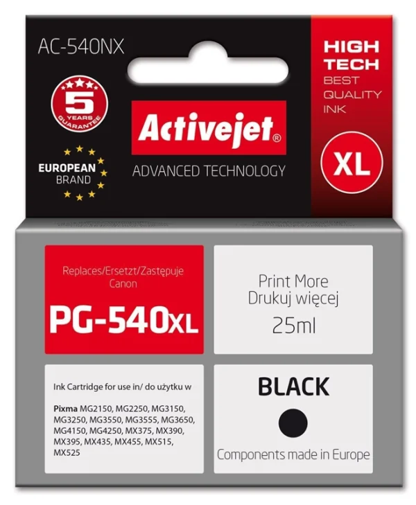 Active Jet Συμβατό Μελάνι Εκτυπωτή InkJet Canon PG-540XL 25ml Μαύρο 1τμχ AC-540NX