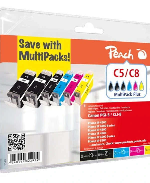 Peach Πακέτο Συμβατών Μελανιών Εκτυπωτή InkJet Canon PG-5XL/CLI-8 360 Σελίδων Μαύρο 1τμχ PI100-245