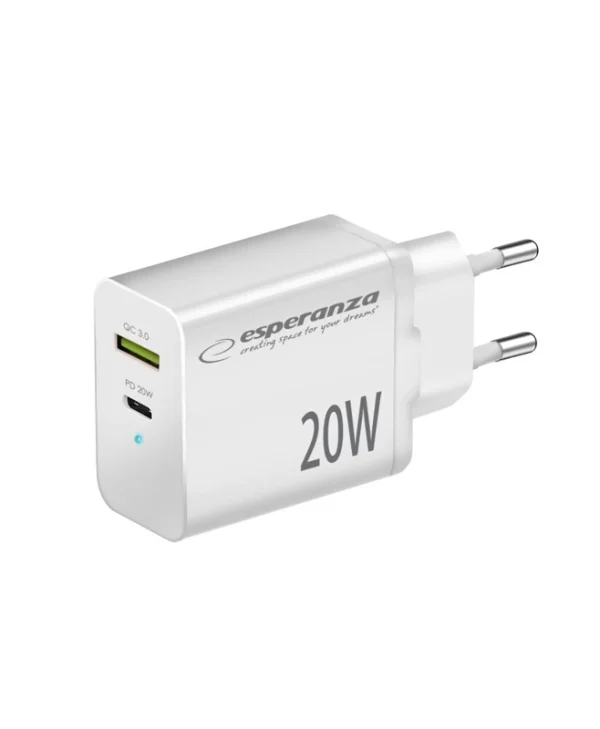 Esperanza Φορτιστής Χωρίς Καλώδιο με Θύρα USB-A και Θύρα USB-C 20W Power Delivery / Quick Charge 3.0 Λευκός (EZC105W)