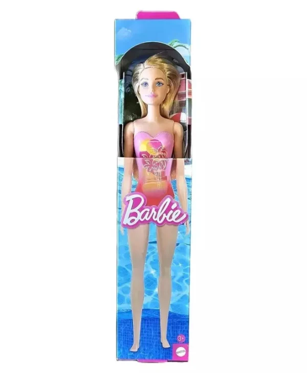 Barbie Blond Hair Doll Wearing Pink Palm Tree-print Swimsuit Κούκλα για 3+ ετών+ Ετών (Διάφορα Σχέδια) 1τμχ
