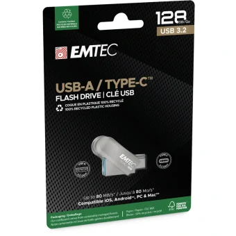 Emtec 128GB USB 3.2 Stick με σύνδεση USB-A & USB-C Ασημί