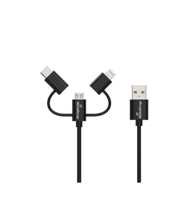 MediaRange USB Cable 3‑in‑1 1xUSB 2.0 to Lightning/USB‑C/micro‑USB 1m 12W Black MRCS246
