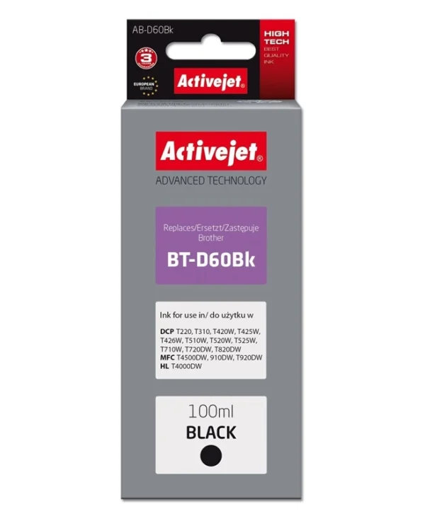 Active Jet Συμβατό Μελάνι Εκτυπωτή InkJet Brother BT-D60BK 100ml Μαύρο 1τμχ