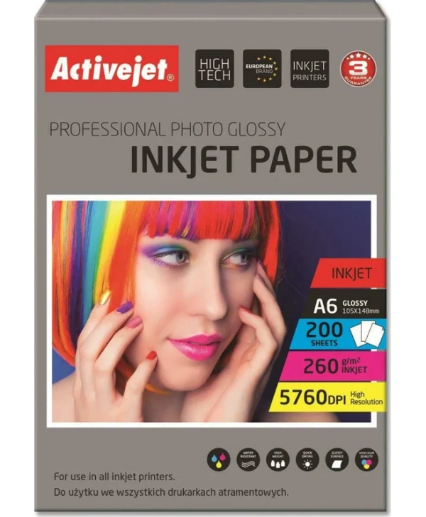 Active Jet Premium Photo Glossy Φωτογραφικό Χαρτί A6 (10x15) 260gr/m² για Εκτυπωτές Inkjet 200 Φύλλα