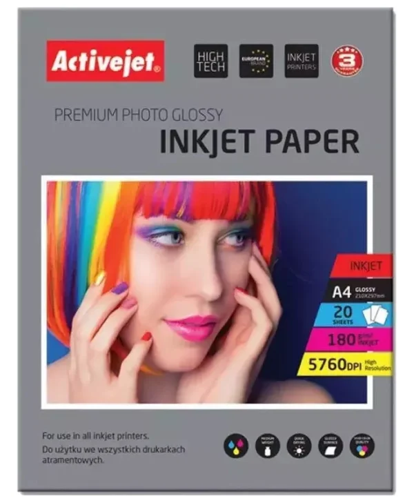 Active Jet Premium Photo Glossy Φωτογραφικό Χαρτί A4 (21x30) 180gr/m² για Εκτυπωτές Inkjet 20 Φύλλα