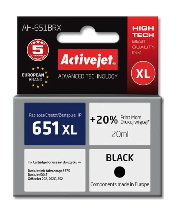 Active Jet Συμβατό Μελάνι Εκτυπωτή InkJet HP 651XL C2P10AE 720 Σελίδων 20ml Μαύρο 1τμχ