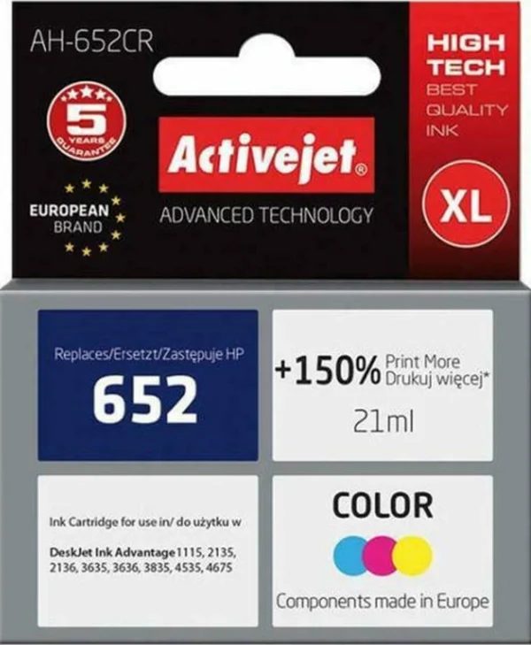 Active Jet Συμβατό Μελάνι Εκτυπωτή InkJet HP 652 F6V24AE 500 Σελίδων 21ml Πολλαπλό (Color) 1τμχ