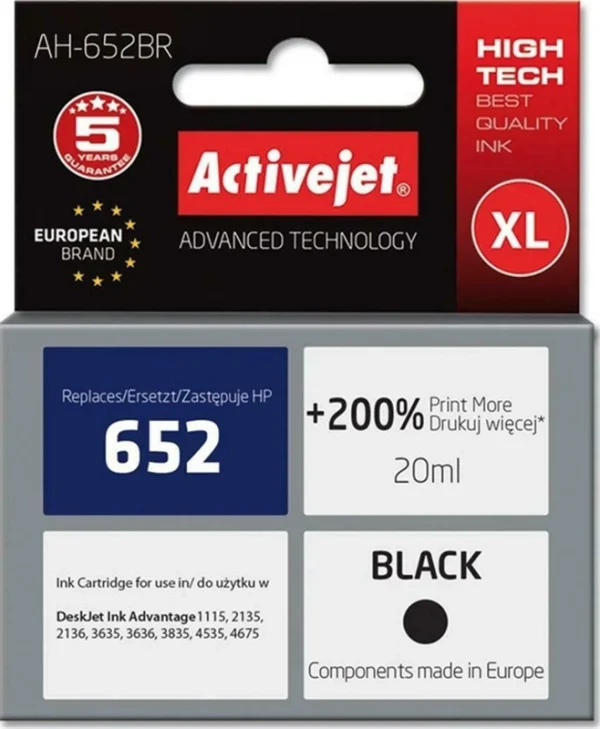 Active Jet Συμβατό Μελάνι Εκτυπωτή InkJet HP 652 F6V25AE 650 Σελίδων 20ml Μαύρο 1τμχ