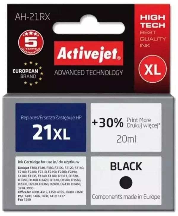 Active Jet Συμβατό Μελάνι Εκτυπωτή InkJet HP 21XL C9351A 20ml Μαύρο 1τμχ