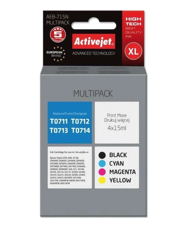 Active Jet Πακέτο Συμβατών Μελανιών Εκτυπωτή InkJet Epson T0714/T0713/T0712/T0711/T0715 15ml Πολλαπλό (Color) / Μαύρο