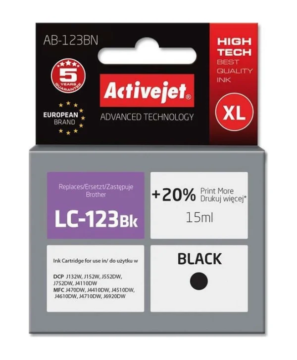 Active Jet Συμβατό Μελάνι Εκτυπωτή InkJet Brother LC123BK/LC121BK 15ml Μαύρο 1τμχ