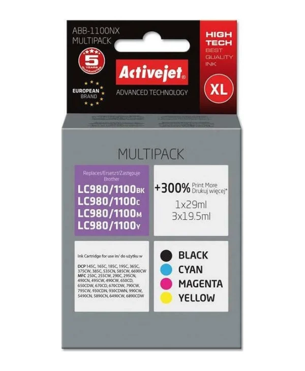 Active Jet Πακέτο Συμβατών Μελανιών Εκτυπωτή InkJet Brother LC980BK/C/M/Y LC1100BK/C/M/Y Πολλαπλό (Color) / Μαύρο 4τμχ