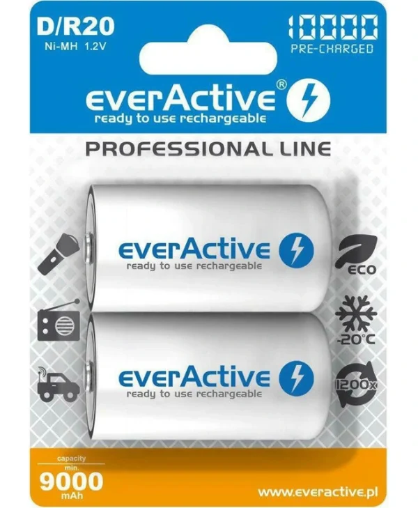 everActive Professional Line Επαναφορτιζόμενες Μπαταρίες D Ni-MH 10000mAh 1.2V 2τμχ