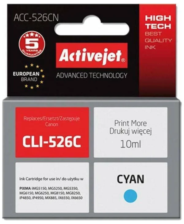 Active Jet Συμβατό Μελάνι Εκτυπωτή InkJet Canon CLI-526C 10ml Κυανό 1τμχ