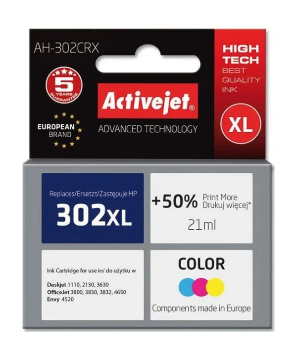 Active Jet Συμβατό Μελάνι Εκτυπωτή InkJet HP 302XL F6U67AE 500 Σελίδων 21ml Πολλαπλό (Color) 1τμχ