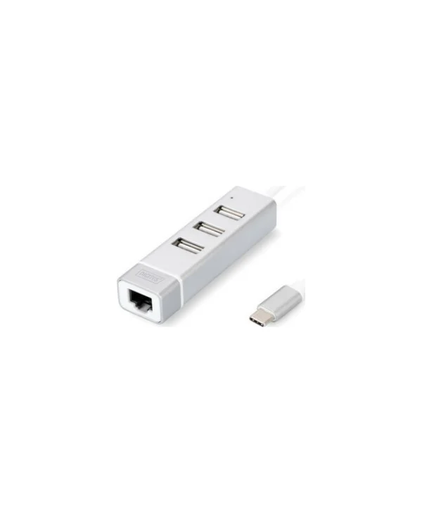 Digitus USB 2.0 Hub 3 Θυρών με σύνδεση USB-C / Ethernet Λευκό