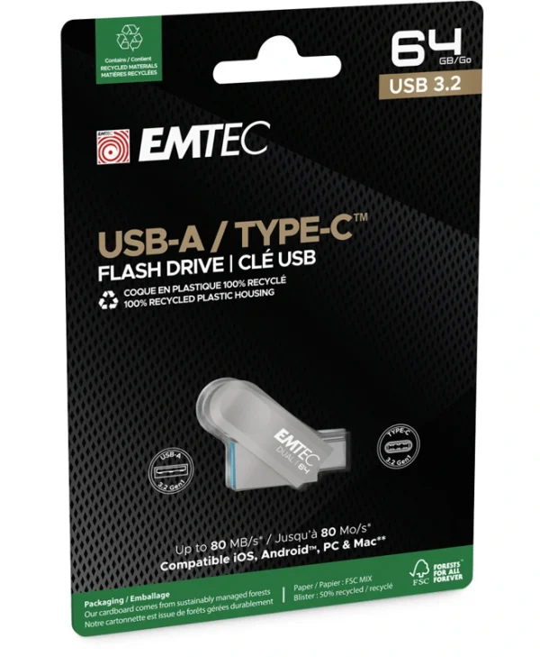 Emtec 64GB USB 3.2 Stick με σύνδεση USB-A & USB-C Ασημί