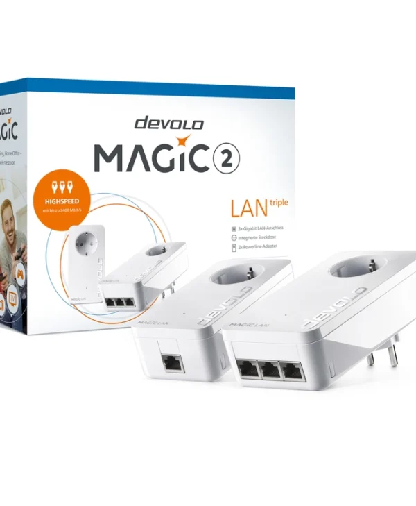 Devolo Magic 2 LAN Triple (8510) Powerline Διπλού Kit για Ενσύρματη Σύνδεση με Passthrough Πρίζα και 3 Θύρες Gigabit Ethernet 8510