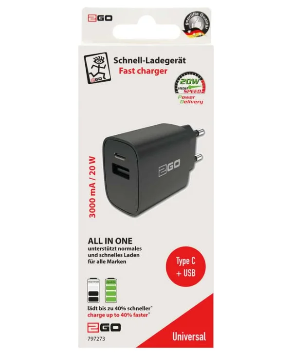 2GO Φορτιστής Χωρίς Καλώδιο με Θύρα USB-A και Θύρα USB-C 20W Μαύρος (797273) 797273