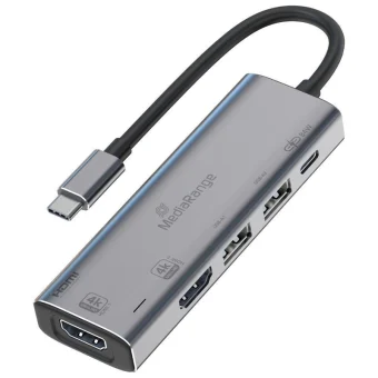 MediaRange USB-C Docking Station με HDMI 4K PD και σύνδεση 2 Οθονών Ασημί (MRCS511) MRCS511