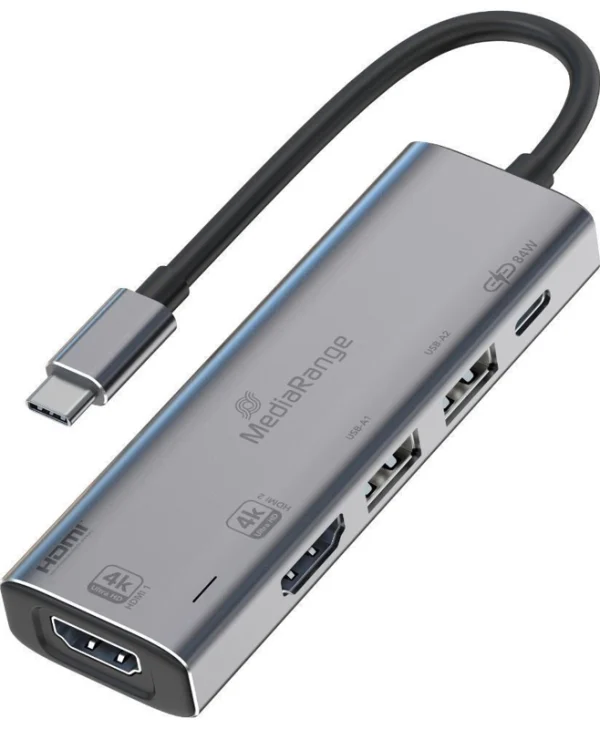 MediaRange USB-C Docking Station με HDMI 4K PD και σύνδεση 2 Οθονών Ασημί (MRCS511) MRCS511