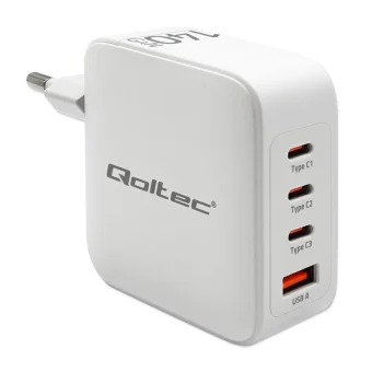 Qoltec Φορτιστής Χωρίς Καλώδιο GaN με Θύρα USB-A και 3 Θύρες USB-C 140W Power Delivery / Quick Charge 3.0 Λευκός (51828) 51828
