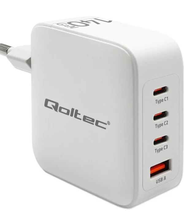 Qoltec Φορτιστής Χωρίς Καλώδιο GaN με Θύρα USB-A και 3 Θύρες USB-C 140W Power Delivery / Quick Charge 3.0 Λευκός (51828) 51828