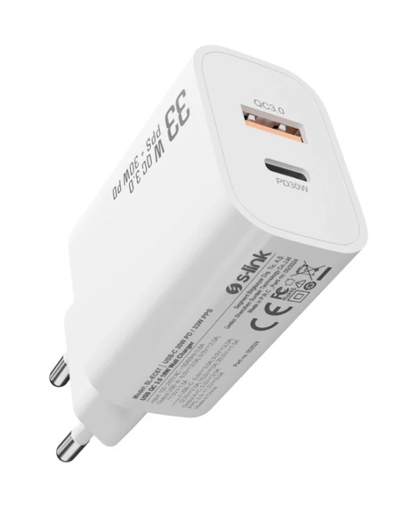 S-Link Φορτιστής Χωρίς Καλώδιο με Θύρα USB-A και Θύρα USB-C 30W Quick Charge 3.0 Λευκός (SL-EC67)