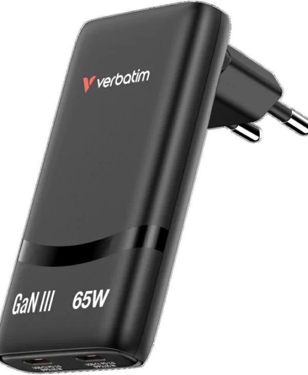 Verbatim Φορτιστής Χωρίς Καλώδιο GaN με 2 Θύρες USB-C 65W Μαύρος (Fold 'n' Go)
