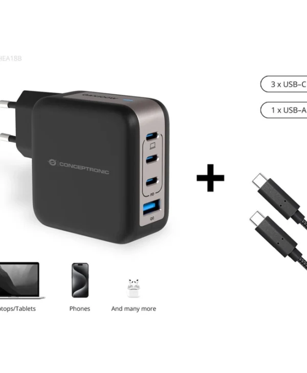Conceptronic Φορτιστής GaN με Θύρα USB-A και 3 Θύρες USB-C και Καλώδιο USB-C - USB-C 100W Power Delivery / Quick Charge 3.0 Μαύρος (ALTHEA18B) ALTHEA18B