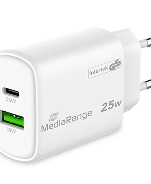 MediaRange Φορτιστής Χωρίς Καλώδιο GaN με Θύρα USB-A και Θύρα USB-C 25W Power Delivery Λευκός (MRMA112-2) MRMA112-2