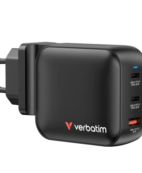 Verbatim Φορτιστής Χωρίς Καλώδιο GaN με Θύρα USB-A και 2 Θύρες USB-C 100W Power Delivery / Quick Charge 3.0 Μαύρος (Mini)