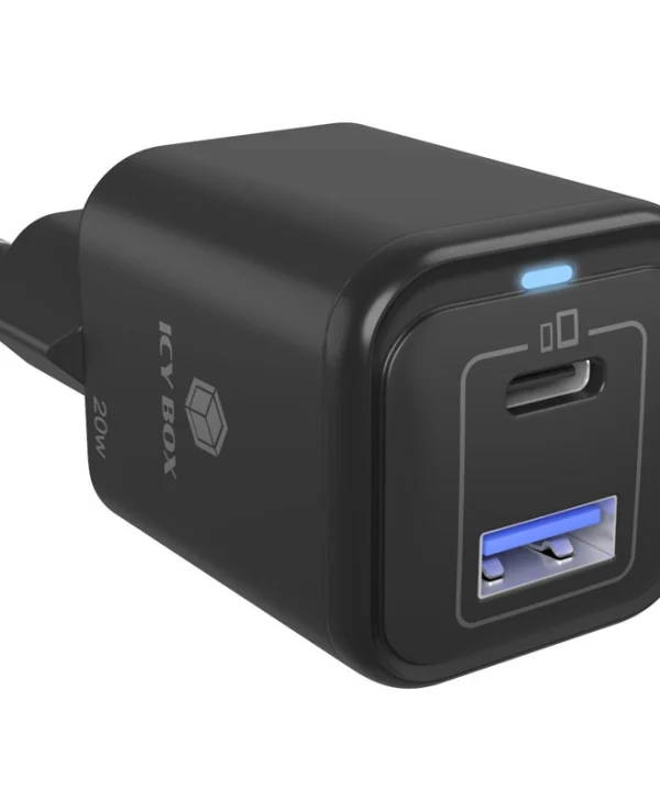 Icy Box Φορτιστής Χωρίς Καλώδιο GaN με Θύρα USB-A και Θύρα USB-C 20W Power Delivery Μαύρος (IB-PS1020-PD) IB-PS1020-PD