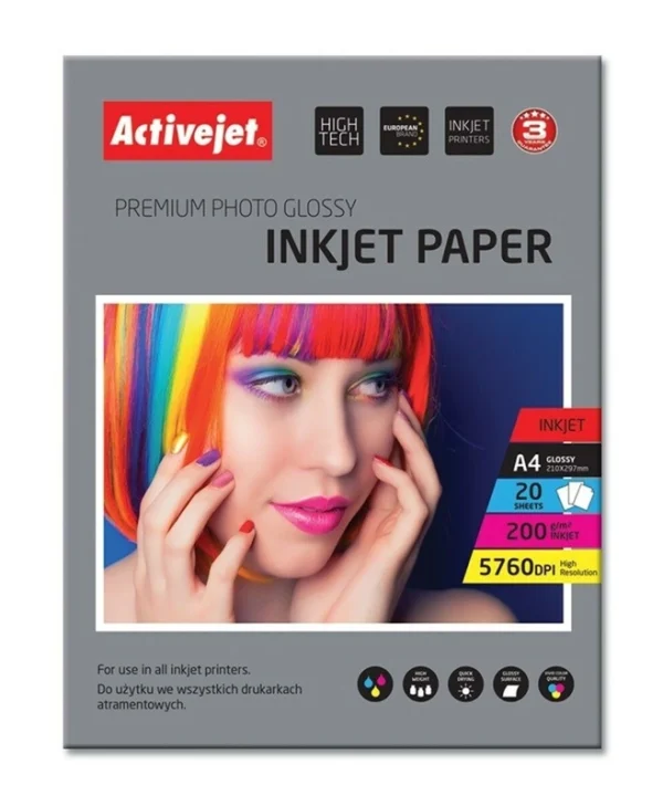 Active Jet Φωτογραφικό Χαρτί Gloss A4 (21x30) 200gr/m² για Εκτυπωτές Inkjet 20 Φύλλα AP4-200G20