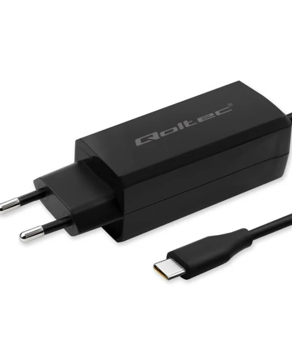 Qoltec Φορτιστής με Ενσωματωμένο Καλώδιο GaN USB-C 65W Power Delivery / Quick Charge 4.0 Μαύρος (52419)