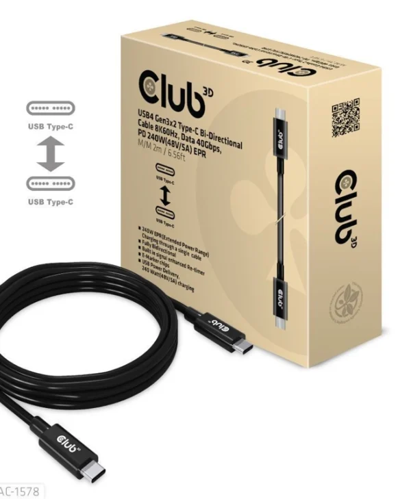 Club3D USB 4 Cable USB-C male - USB-C 240W Μαύρο 2m CAC-1578