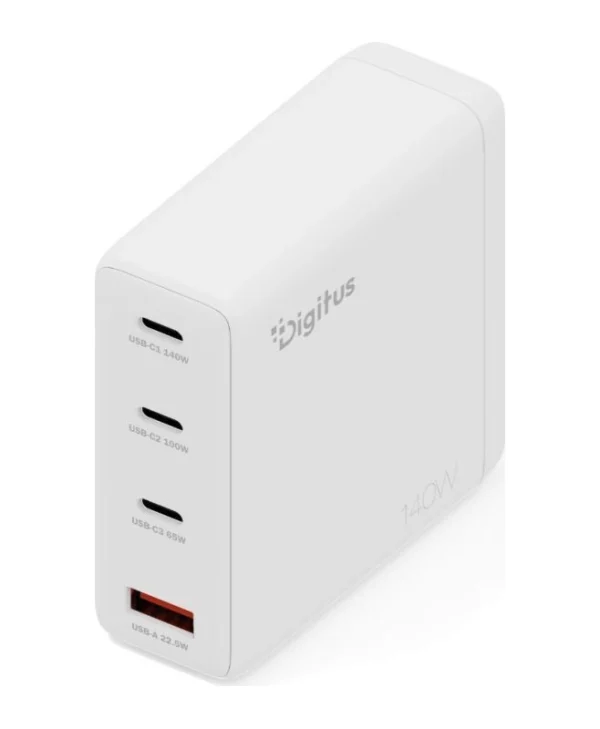 Digitus Φορτιστής Χωρίς Καλώδιο GaN με Θύρα USB-A και 3 Θύρες USB-C 140W Λευκός (DA-10305)
