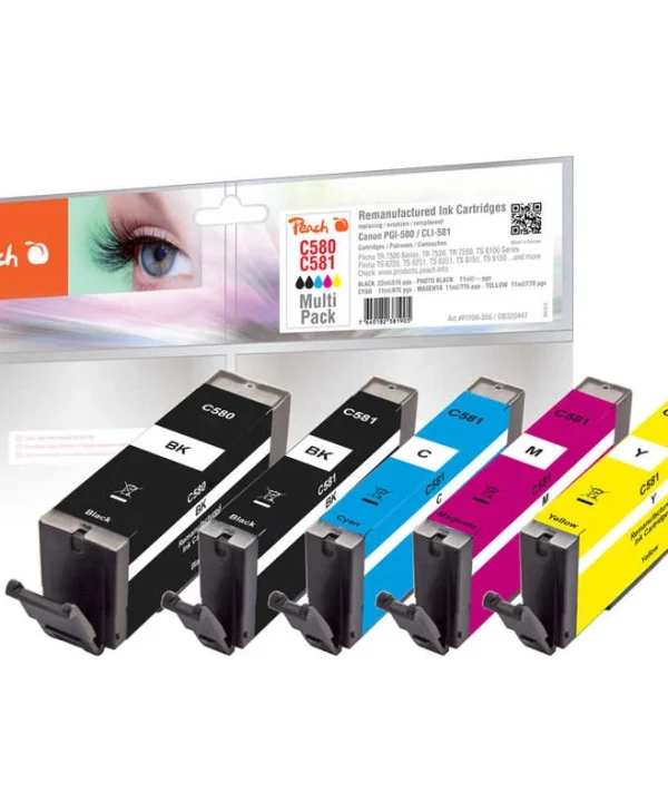 Peach Πακέτο Συμβατών Μελανιών Εκτυπωτή InkJet Canon PGI-580/CLI-581 Πολλαπλό (Color) / Μαύρο 5τμχ PI100-356