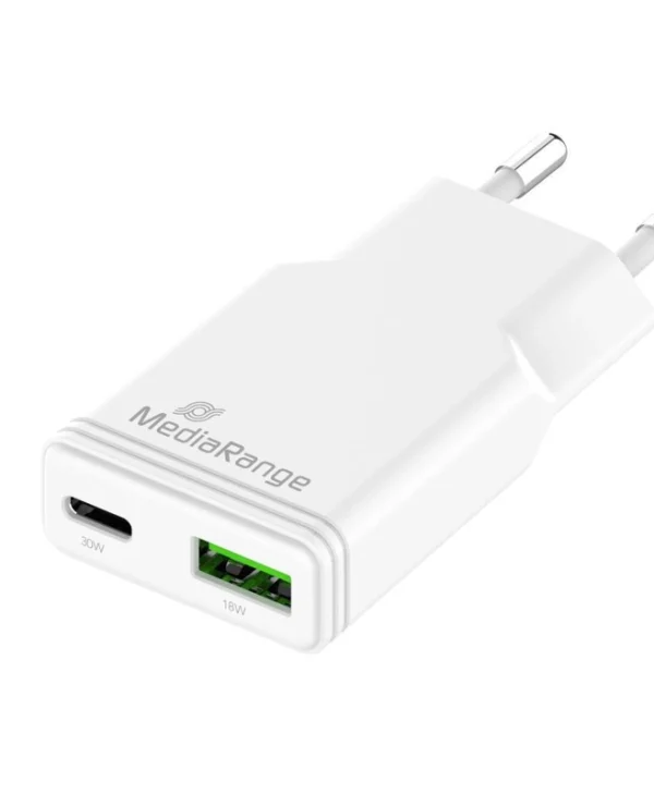 MediaRange Φορτιστής Χωρίς Καλώδιο GaN με Θύρα USB-A και Θύρα USB-C 30W Power Delivery / Quick Charge 3.0 Λευκός (MRMA125)