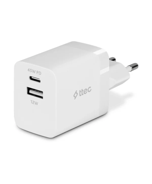 TTEC Φορτιστής Χωρίς Καλώδιο GaN με Θύρα USB-A και Θύρα USB-C 45W Power Delivery Λευκός (SmartCharger) 2SCP02B