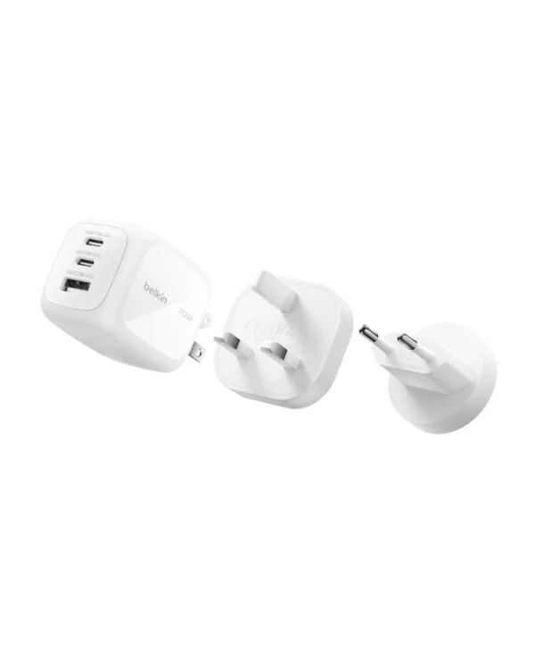 Belkin 3-port Usb C Charger 70w Gan Charger Including Plugs Usa Uk Eu 2 Usb-c Ports 1 Usb-a Port Fast Charger Macbook Iphone Ipad Pro Samsung Galaxy Pixel Etc – White WCH018HQWH