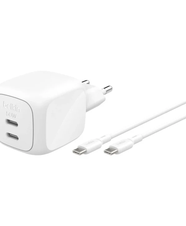 Belkin Φορτιστής GaN με 2 Θύρες USB-C και Καλώδιο USB-C 50W Power Delivery Λευκός (BoostCharge Pro) WCH019KQ1MWH-B6