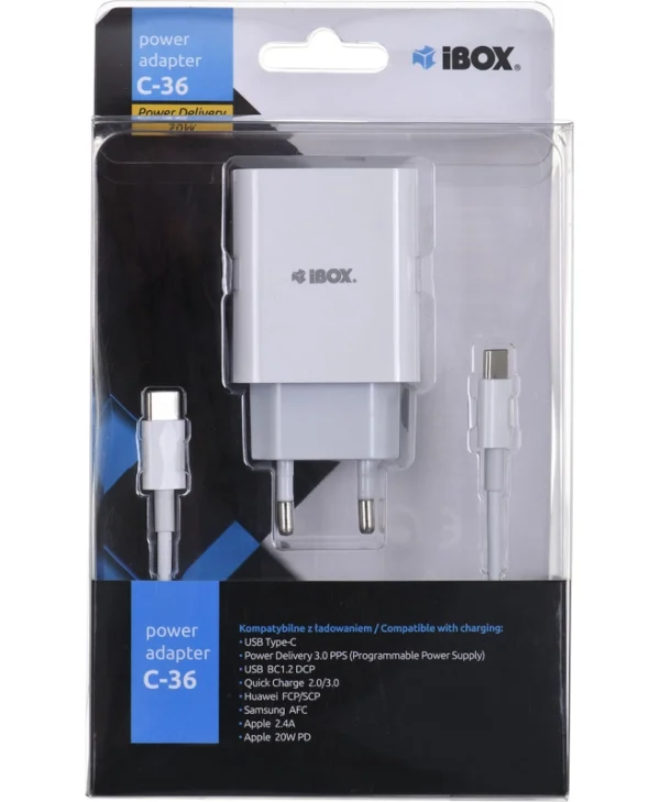 iBox Φορτιστής με Θύρα USB-A και Θύρα USB-C και Καλώδιο USB-C 20W Power Delivery / Quick Charge 3.0 Λευκός (ILUC36W)