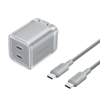Vention Φορτιστής GaN με 2 Θύρες USB-C και Καλώδιο USB-C - USB-C 30W Power Delivery Γκρι (FCEH0-EU) TZ-FCFH0-EU