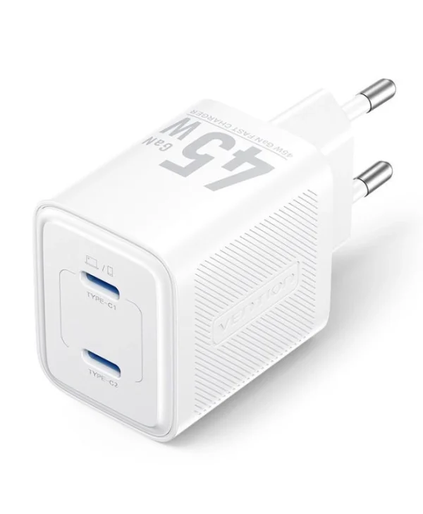 Vention Φορτιστής Χωρίς Καλώδιο GaN με 2 Θύρες USB-C 45W Power Delivery Λευκός (FCFW0-EU) TZ-FCFW0-EU