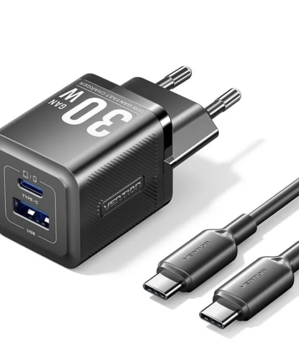 Vention Φορτιστής GaN με Θύρα USB-A και Θύρα USB-C και Καλώδιο USB-C - USB-C 70W Γκρι (TZ-FCGH0-EU)