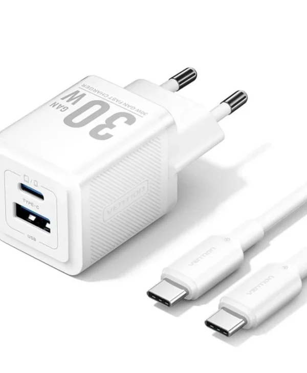 Vention Φορτιστής GaN με Θύρα USB-A και Θύρα USB-C και Καλώδιο USB-C - USB-C 70W Λευκός (FCGW0-EU) TZ-FCGW0-EU