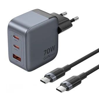 Vention Φορτιστής Χωρίς Καλώδιο GaN με Θύρα USB-A και 2 Θύρες USB-C 70W Power Delivery / Quick Charge 3.0 Γκρι (TZ-FEXH0-EU)