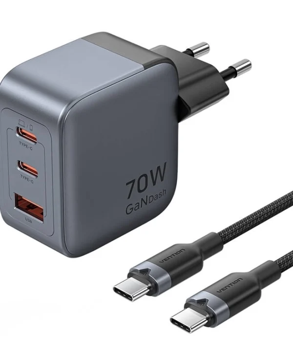 Vention Φορτιστής Χωρίς Καλώδιο GaN με Θύρα USB-A και 2 Θύρες USB-C 70W Power Delivery / Quick Charge 3.0 Γκρι (TZ-FEXH0-EU)