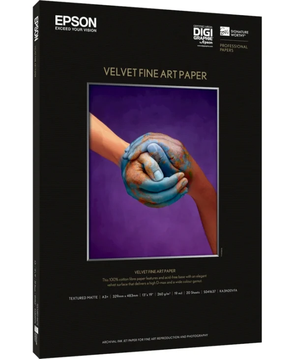 Epson Velvet Fine Art Paper Φωτογραφικό Χαρτί Matte A3+ 260gr/m² για Εκτυπωτές Inkjet 20 Φύλλα C13S041637